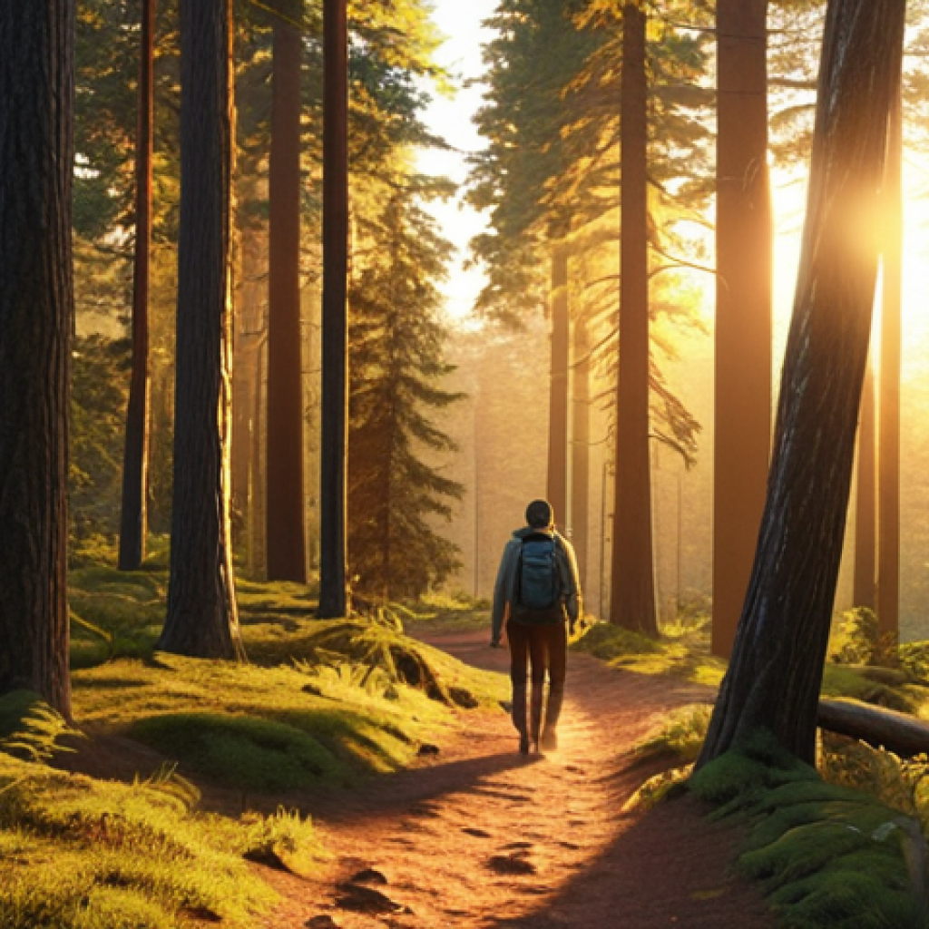 **A peaceful forest scene at sunset. A person is walking on a trail, bathed in golden light. Focus on conveying inspiration and creativity.**
