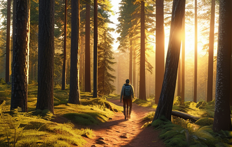 **A peaceful forest scene at sunset. A person is walking on a trail, bathed in golden light. Focus on conveying inspiration and creativity.**